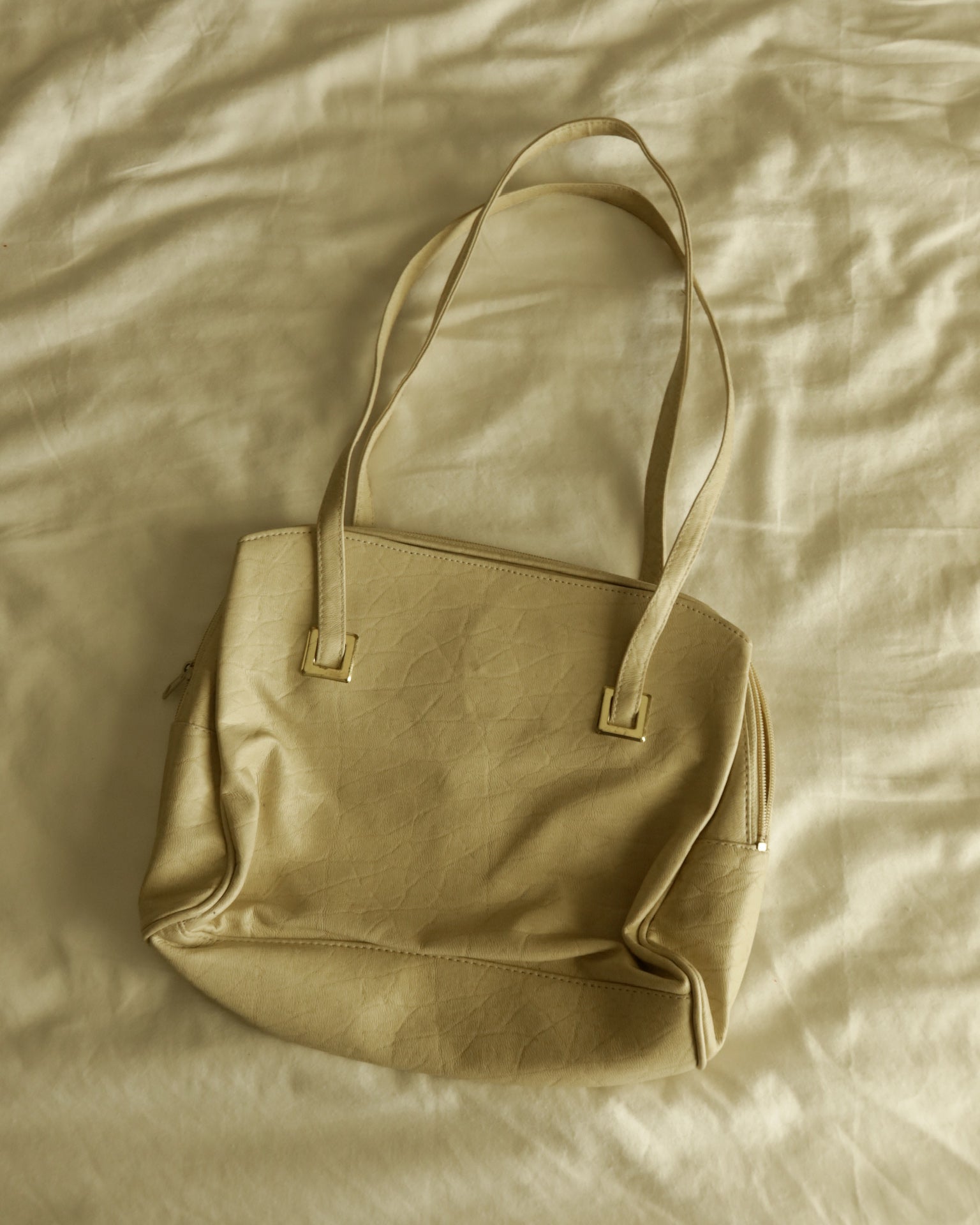 Beige Leather Tote with Gold Hardware